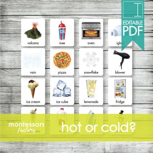 Warm of koud? Montessorikaarten, flitskaarten, sorteerkaarten, bijpassende kaarten educatief materiaal, Montessori afdrukbaar, bewerkbare PDF