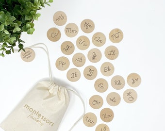 CURSIVE ALPHABET • Wooden Coins • Wood Disks • Montessori Educational Toy • Memory Game • Stocking Stuffers For Kids • Flash Cards