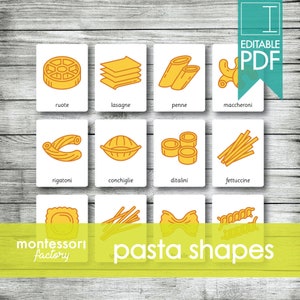 Italian PASTA SHAPES • Montessori Cards • Flash Cards • Three Part Cards • Nomenclature Cards • Educational • Printable • Editable PDF