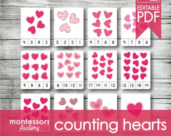 Montessori Counting Cards • Valentines Hearts Clip Cards (Editable PDF)