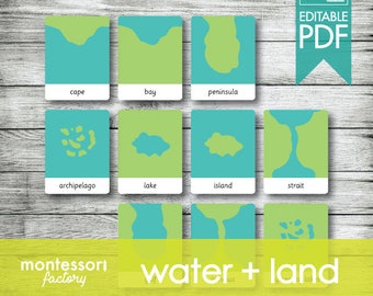 LAND and WATER Montessori Cards, Flash Cards, Three Part Cards, Nomenclature Cards, Educational Material, Montessori Printable, Editable PDF