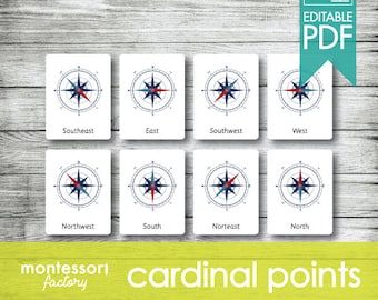 CARDINAL POINTS • Montessori Cards • Flash Cards • Three Part Cards • Nomenclature Cards • Educational • Montessori Printable • Editable PDF