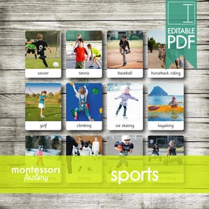 ESPORTES • Cartões Montessori • Cartões Flash • Cartões de três partes • Cartões de nomenclatura • Material educacional • Montessori para impressão • PDF editável