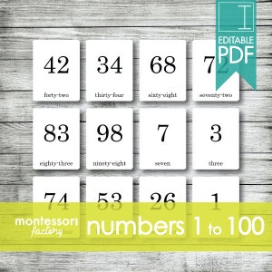 NUMBERS 1 TO 100 • Montessori Cards • Flash Cards • Three Part Cards • Nomenclature Cards • Educational Material • Printable • Editable PDF