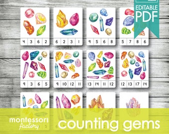Montessori Counting Cards • Gemstone Clip Cards (Editable PDF)