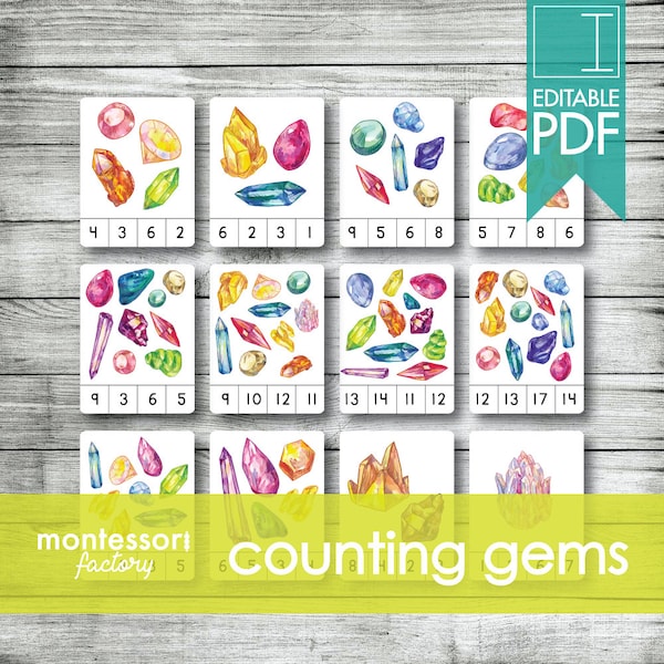 COUNTING JEWELS GEMS • Numbers 1 to 20 • Montessori Counting Cards • Clip Cards • Flash Cards • Educational • Montessori Printable