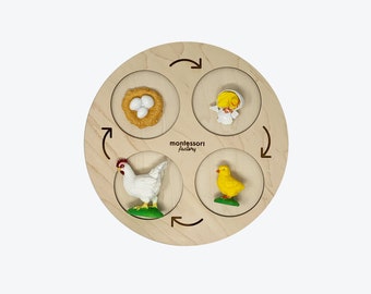 Taca Montessori „Cykl życia kurczaka” • Drewniana zabawka edukacyjna