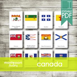 Peut inclure: Un ensemble de 10 cartes imprimables représentant les drapeaux des provinces et territoires canadiens. Chaque carte a un fond blanc avec l'image du drapeau et le nom de la province ou du territoire imprimé en dessous.
