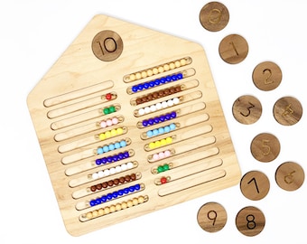 Puede incluir: Juguete educativo de madera con una tabla en forma de casa con filas de cuentas de colores y un recorte circular con el número 10. Incluye discos de números de madera del 0 al 9. Una herramienta de aprendizaje para la primera infancia.