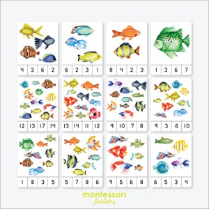 COUNTING FISHES • Summer • Montessori Counting Cards • Clip Cards • Flash Cards • Educational Material • Montessori Printable • Editable PDF