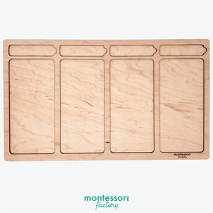 May include: A wooden tray with four rectangular compartments, each with a cutout at the top. The tray is made of light wood and has a "montessori factory" logo in the bottom right corner.