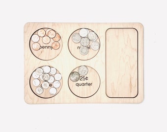 COINS SORTING TRAY • Wooden Sorting Tray, Wood Mat, Educational Toy, Grouping Game, Classify Activity