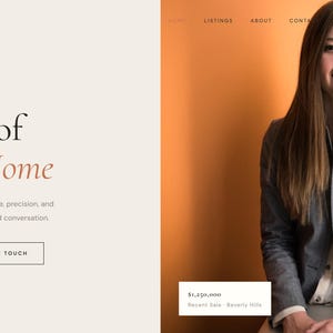 May include: Website design for Jane Smith Real Estate, featuring a woman in a gray blazer. The text reads "The Art of Finding Home" with call-to-action buttons. The background is a mix of orange and a city view.