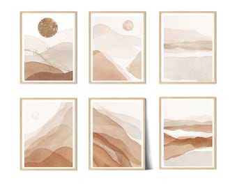 Set Of 6 Watercolor Abstract Modern Art - Abstract Art Prints - Minimalist art, Abstract poster set, Boho wall art, mid century modern