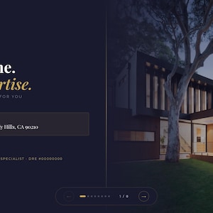 Peut inclure: Présentation immobilière avec le texte "Your Home. Our Expertise." L'image montre une maison moderne avec de grandes fenêtres et un arbre. L'adresse est 142 Oakwood Drive, Beverly Hills, CA 90210. La présentation est préparée exclusivement pour vous.