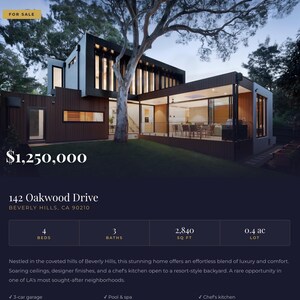 Peut inclure: Maison moderne à deux étages avec une façade sombre, de grandes fenêtres et un toit plat. L'image affiche "À VENDRE" et le prix de 1 150 000 €. Les détails de l'annonce incluent 4 chambres, 3 salles de bain, 263,86 m² et un terrain de 0,16 ha.