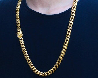 Catena Cubana Uomo Acciaio Inox Placcato Oro 14K – A Maglia Barbazzale, Larghezza 7/9/12 Mm, Lunghezza 55 Cm