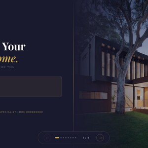 Peut inclure: Présentation immobilière avec le texte « Trouvons votre maison idéale ». L'image présente une maison moderne avec de grandes fenêtres et un arbre. La présentation est préparée pour une famille et comprend les coordonnées d'un spécialiste de l'immobilier de luxe.