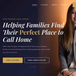 Op de afbeelding: Website-ontwerp voor Jane Smith Real Estate. De pagina toont een vrouw in een grijze blazer, met de tekst "Helping Families Find Their Perfect Place to Call Home". De website bevat navigatielinks en een call-to-action.
