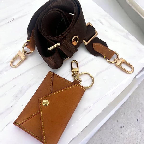 Adjustable Nylon Bag Strap + Card Holder Small Wallet ID Card Cowhide Tan Vachetta Leather Keychain Bag Charm for Designer Vintage Handbags