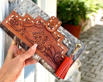 Cowhide Wallet Purse Western Hand Tooled Leather one of the kind handmade Women's Long wallet Southwestern Vintage Boho Cowgirl Retro Style