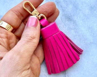 Neon Pink Genuine Leather Tassel Keychain Handbag Charm Handmade from Top quality Real Leather - Bag Charm Accessory - Leather Tassels -