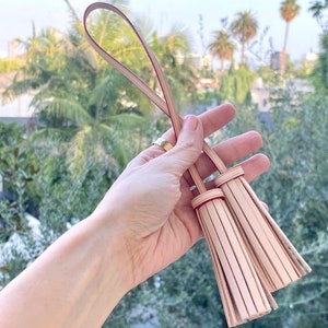 Vachetta Leather Long Double Tassel Bag Charm- Natural Vachetta - For Pochette - Clutch- Hand Bag / Tassel - Charm- double ended Tassel