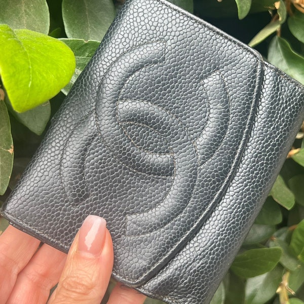 CHANEL Authentic Vintage Pre owned CC Logos Wallet - Pre- Loved Bifold Wallet - Caviar Leather Black - Chanel Coin Purse- Made in France