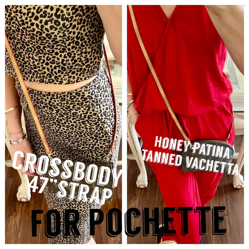 May include: A 47-inch crossbody strap for a Louis Vuitton Pochette. The strap is made of honey-patina tanned vachetta leather. The strap is shown being worn with two different outfits: a leopard print top and skirt and a red jumpsuit.