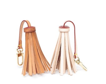Vachetta Leather Long Tassel Bag Charm- Natural Vachetta or Tanning Honey Patina - For Pochette - Clutch- Hand Bag / Tassel- Charm