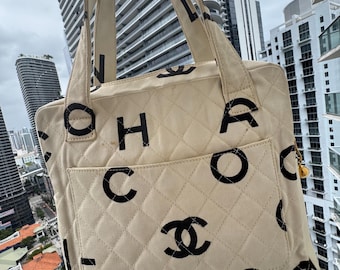 CHANEL Vintage Matelasse Logo Tote Bag 1996- 1997 Ivory & Black Cotton Canvas Pre Owned chanel bag.Made In France- Priced Reduced!