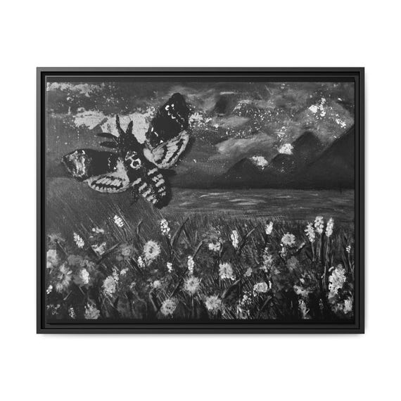 Death Moth in Wildflower Field Matte Canvas Framed | Botanical Nature Black and White Wall Art Print by M Longworth