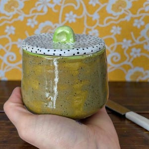 May include: A handmade ceramic jar with a lid. The jar is a speckled olive green colour with a matching lid featuring black polka dots and a green knob. The jar is held in a hand.