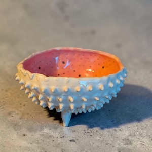 Op de afbeelding: Een keramische kom met een getextureerde, gebroken witte buitenkant bedekt met kleine, puntige stekels. De binnenkant van de kom is een levendige, glanzende koraal-oranje kleur met verspreide zwarte spikkels. De kom rust op drie kleine, taps toelopende voetjes.