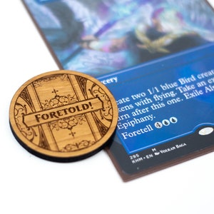Magic The Gathering Foretell Coin -Place on your &quot;foretold&quot; cards till you cast them - Cherry Veneer Wood - MTG, Standard, EDH, Commander