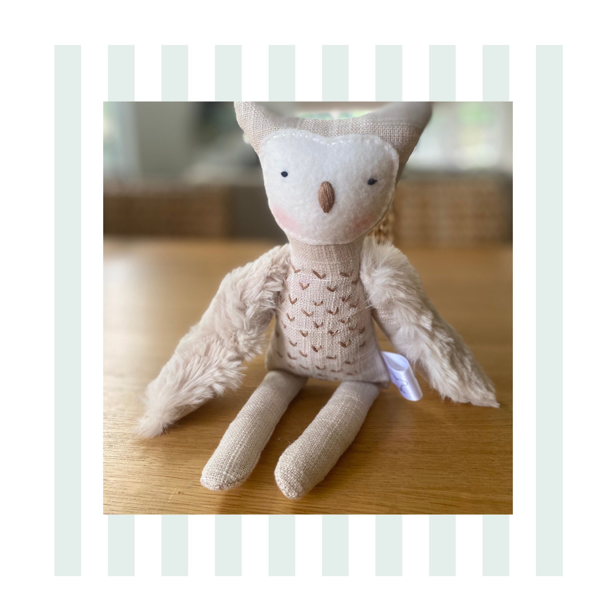 Handmade Linen Barn Owl Plushie: Minky Wings, Soft Stuffed Animal