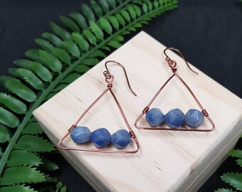 Geometric Copper Gemstone Earrings, Blue Aventurine Earrings, Triangle Wire Wrapped Jewellery, Gemstone Jewellery For Women, Gift For Her