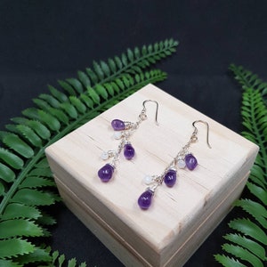 Brincos elegantes de lustre de ametista - Joias artesanais de prata esterlina com pedras preciosas para os signos de fevereiro e julho