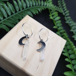 Crescent Moon Quartz Crystal Earrings, Moon Quartz Hoops, Clear Quartz Earrings, Sterling Silver Earrings, Witch Pagan Goddess Earrings