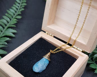 Blue Quartz Gold Wire Wrapped Pendant Necklace Minimal Layering Boho Chic Raw Gemstone Jewelry Gift for Women