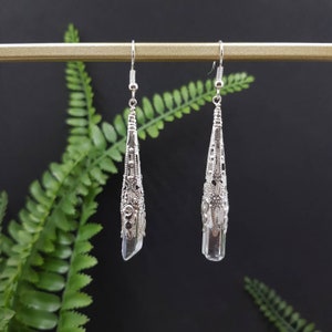 Fantasy Fairy Earrings, Elven Cosplay, Quartz Silver Earrings, Elf Queen Long Gemstone Earrings, White Witch Earrings, Crystal Amulet