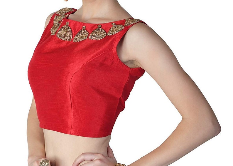 Red Raw Art Silk Jhumka Bead Embroidered Work Sleeveless New Indian Designer Readymade Blouse For Women Party Wear Choli Top Tunic Sari