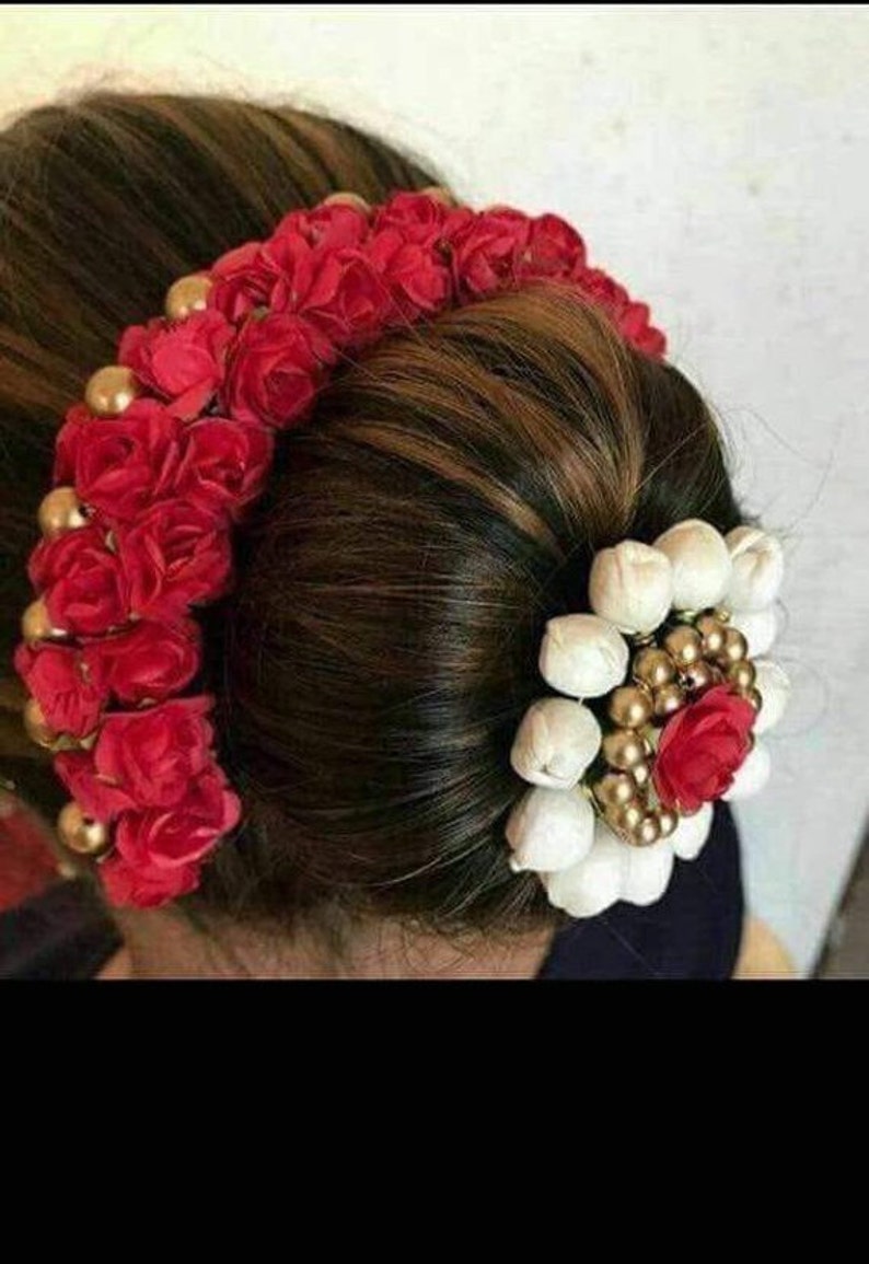 new traditional white & red bridal hair bun artificial flower jewelry  garland bollywood indian bridal strand gajra for women wedding wear