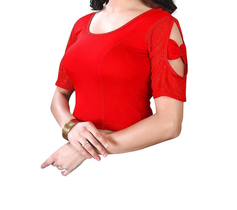 Indian Red Stretchable Lycra Ready To Wear Saree Blouse With Short Lace Sleeve Choli Top Tunic For Women Festive Wear Sari Blouse