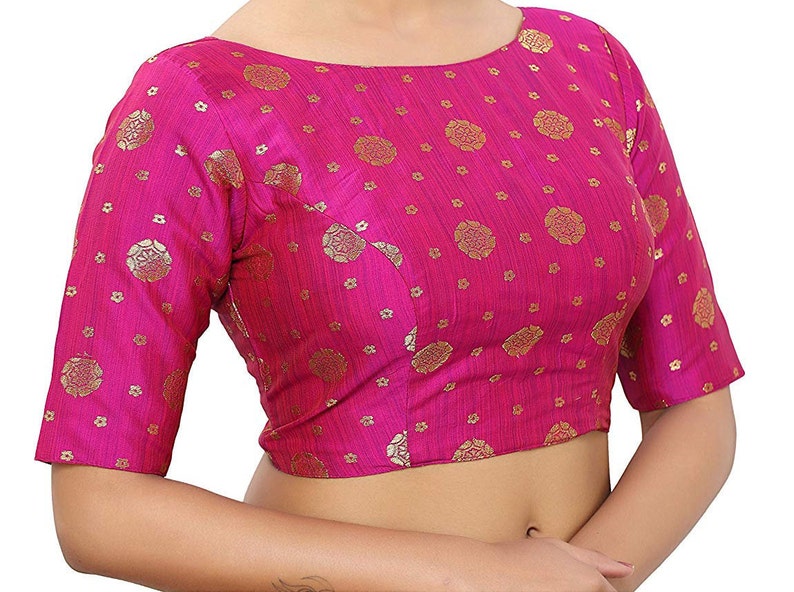 Pink Banaras Brocade Art Silk New Designer Stitched Readymade Blouse Saree Choli Top Tunic Sari Blouse For Bridal Wedding Wear Blouse