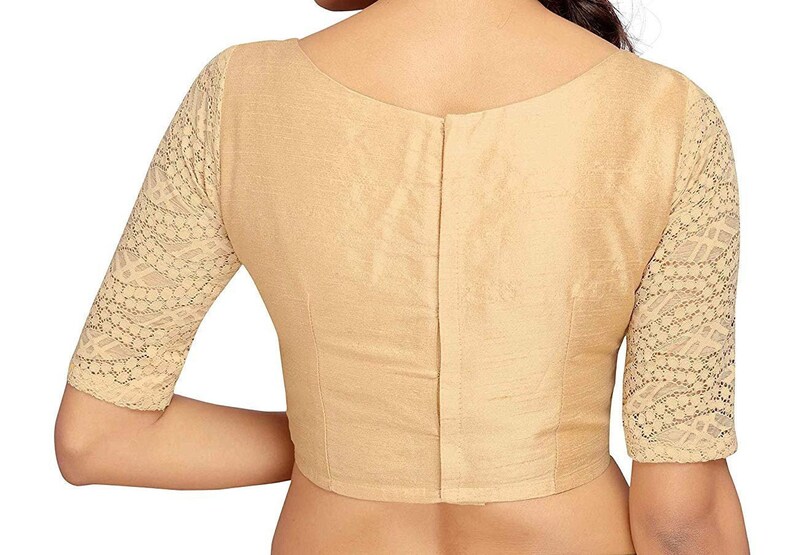 Golden Art Silk Elbow Length Lace Sleeves New Indian Designer Readymade Blouse For Women Wedding Wear Saree Choli Top Tunic SariBlouse