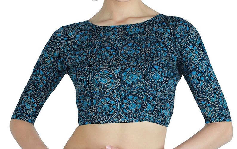 Blue Pure Cotton Jaipuri Block Printed Boat Neck Elbow Length Sleeves New Indian Designer Readymade Blouse For Women Wear Top Tunic Sari