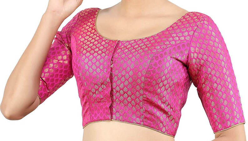 Pink Banaras Brocade Art Silk New Designer Stitched Readymade Blouse Saree Choli Top Tunic Sari Blouse For Bridal Wedding Wear Blouse