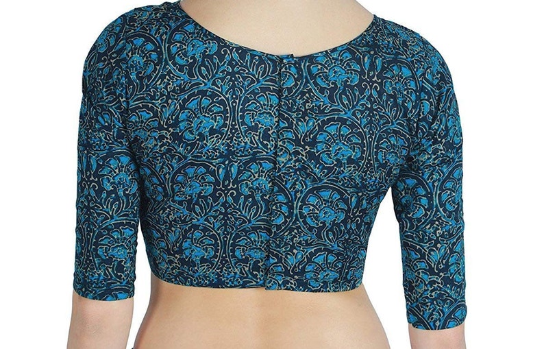 Blue Pure Cotton Jaipuri Block Printed Boat Neck Elbow Length Sleeves New Indian Designer Readymade Blouse For Women Wear Top Tunic Sari