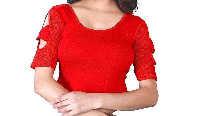 Indian Red Stretchable Lycra Ready To Wear Saree Blouse With Short Lace Sleeve Choli Top Tunic For Women Festive Wear Sari Blouse